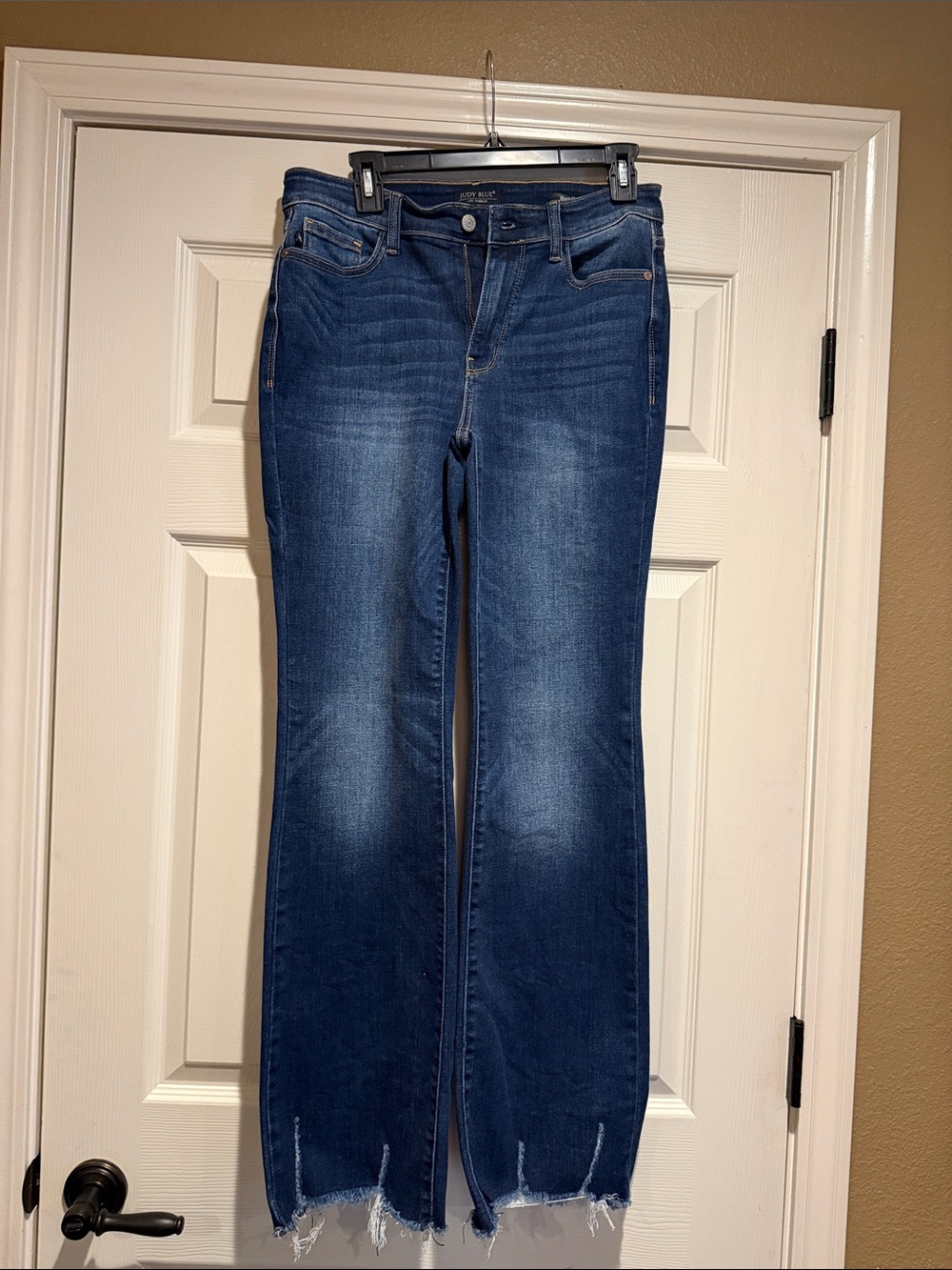 Judy Blue Dark Blue Flare Jeans with Frayed Split Hem